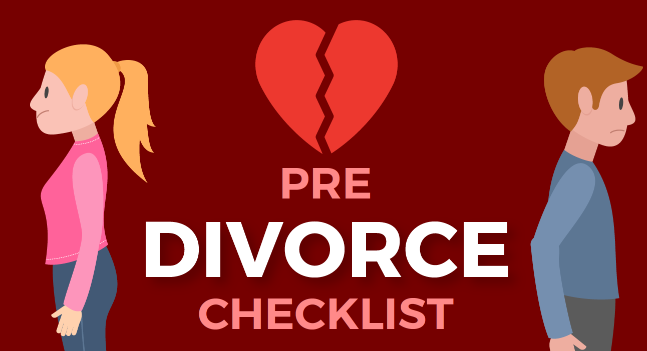 Pre Divorce Checklist, Cartoon Man and Woman separated by broken heart